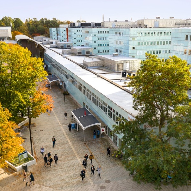 Drönarbild över Stockholms Universitet i höstskrud.